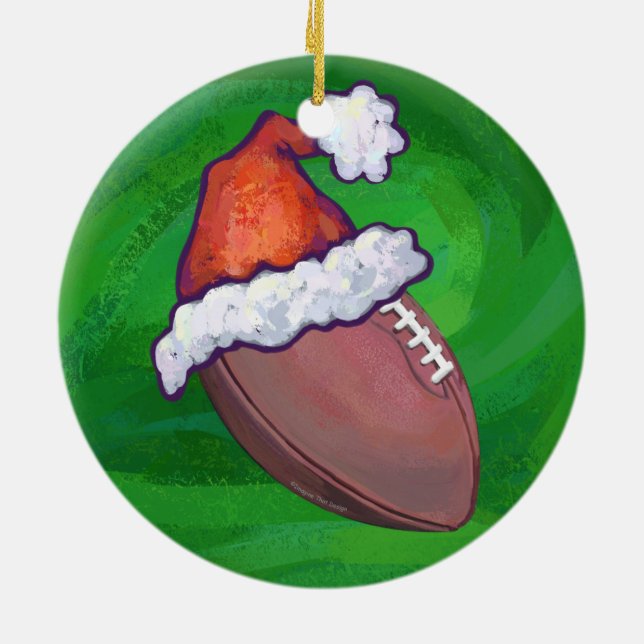 Santa Hat Football on Green Ceramic Tree Decoration (Back)