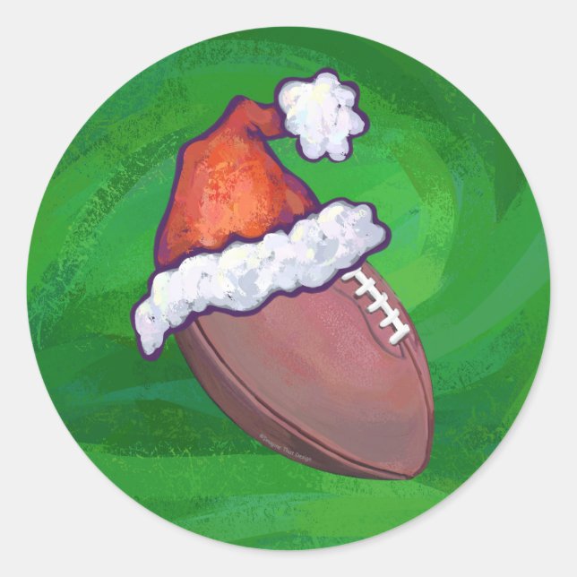 Santa Hat Football on Green Classic Round Sticker (Front)
