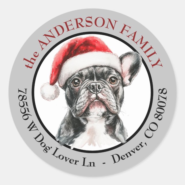 Santa Hat French Bulldog Return Address Classic Round Sticker (Front)