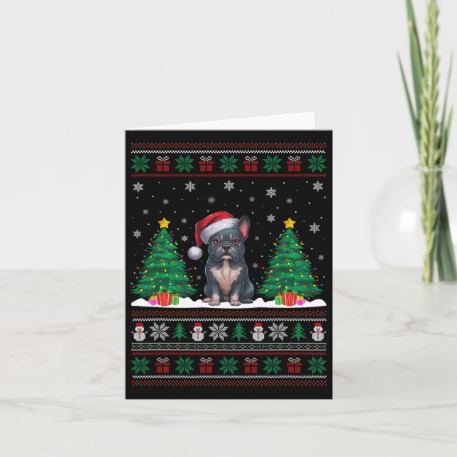 Santa Hat Frenchie Dog Christmas Tree Lights Ugly  Card (Front)
