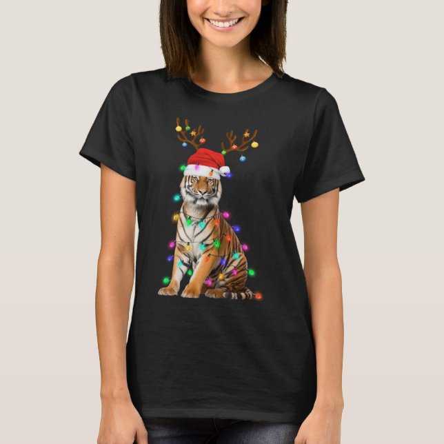 Santa Hat Funny Tiger Tree Xmas Light Animal Chris T-Shirt (Front)