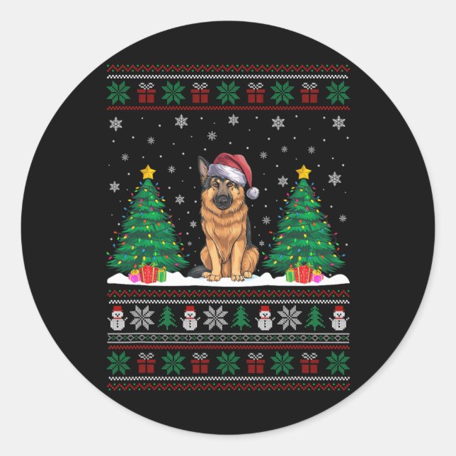 Santa Hat German Shepherd Dog Xmas Tree Lights Ugl Classic Round Sticker (Front)