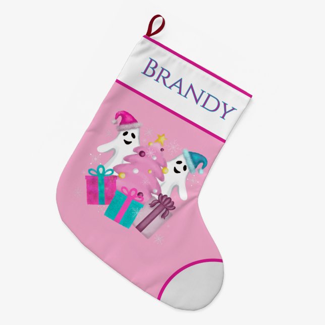 Santa Hat Ghosts Christmas Tree spooky  Large Christmas Stocking (Front (Hanging))