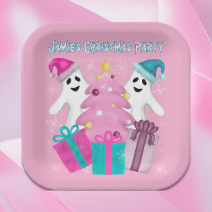 Santa Hat Ghosts with Christmas Tree & Presents Paper Plate