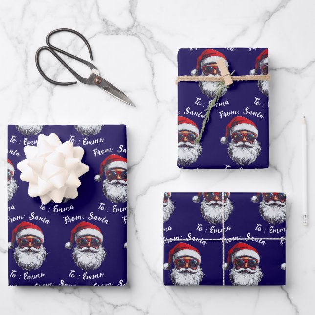 Santa Hat Gift Wrap, Custom Name Kids Boy Girls Wrapping Paper Sheet (Front)