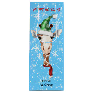 Santa Hat Giraffe Snowflake Blue Wine Gift Bag