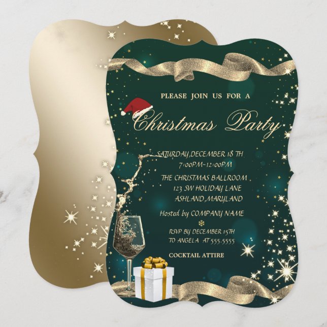 Santa Hat,Glass,Present Green Corporate Christmas  Invitation (Front/Back)