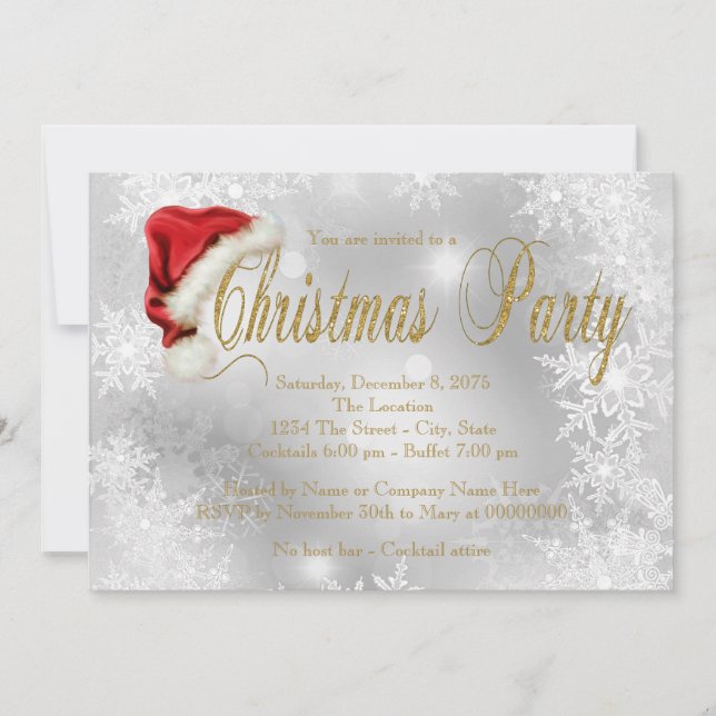 Santa Hat Gold Snowflake Christmas Party Invitation (Front)