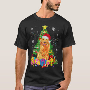 Santa Hat Golden Retriever Christmas Tree Lights X T-Shirt