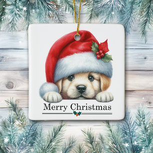 Santa Hat Golden Retriever Puppy Merry Christmas Ceramic Ornament
