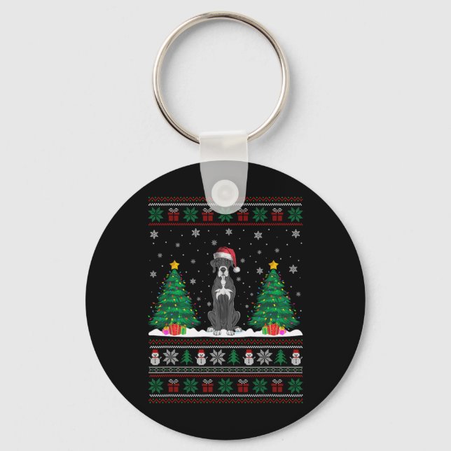 Santa Hat Great Dane Dog Christmas Tree Lights Ugl Key Ring (Front)