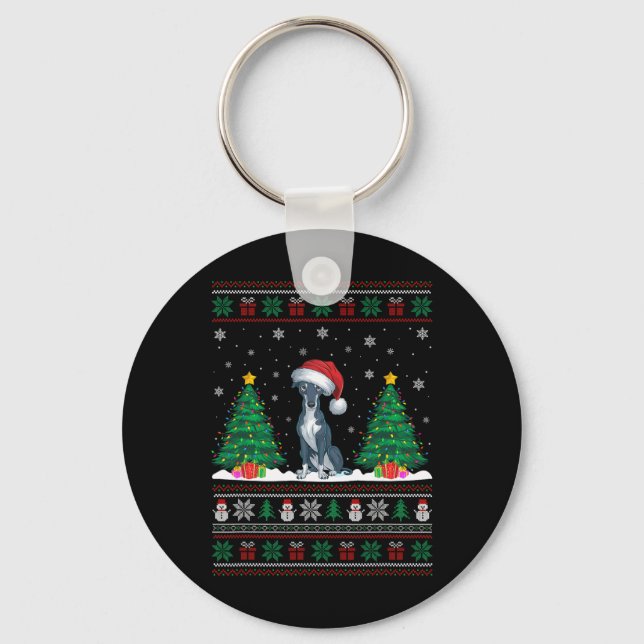 Santa Hat Greyhound Dog Christmas Tree Lights Ugly Key Ring (Front)