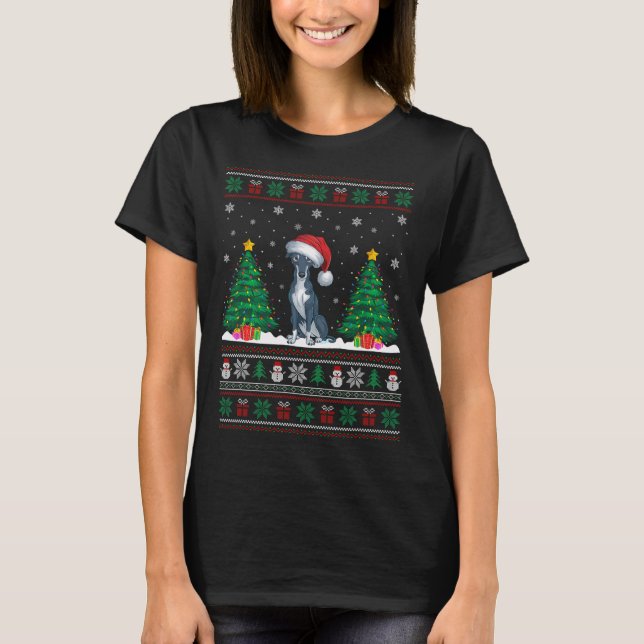 Santa Hat Greyhound Dog Christmas Tree Lights Ugly T-Shirt (Front)