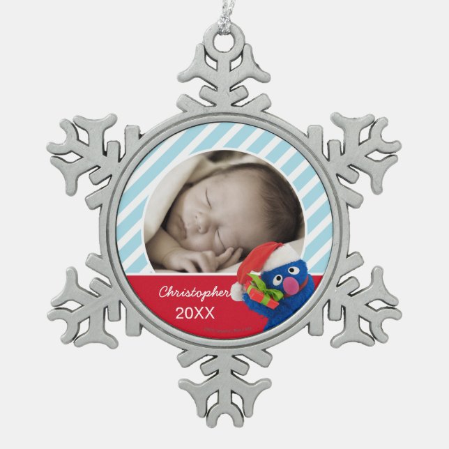 Santa Hat Grover | Add Your Name Snowflake Pewter Christmas Ornament (Front)