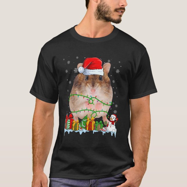 Santa Hat Hamster Christmas Lights Animals  T-Shirt (Front)
