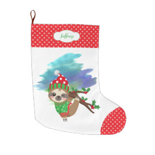 Santa Hat Happy Sloth Large Christmas Stocking