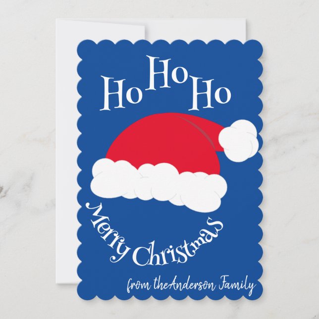 Santa Hat Ho Ho Ho Merry Christmas Blue White Holiday Card (Front)