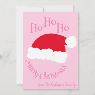 Santa Hat Ho Ho Ho Merry Christmas Girly Pink Holiday Card