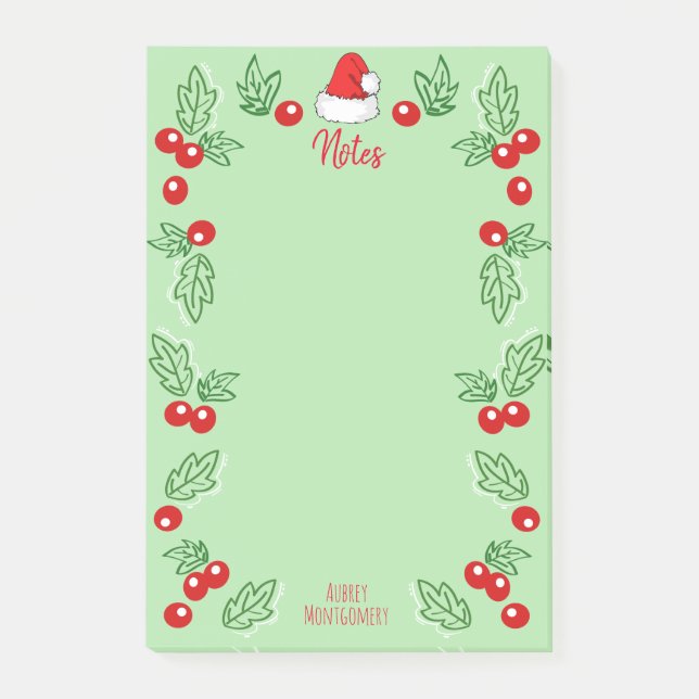 Santa Hat & Holly Berries | Personalised Post-it Notes (Front)
