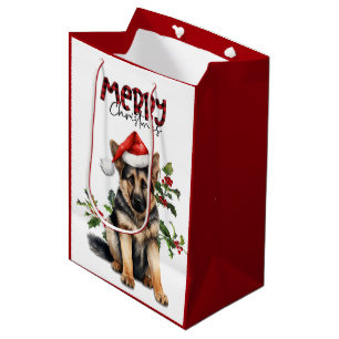 Santa Hat Holly German Shepherd Puppy Christmas Medium Gift Bag