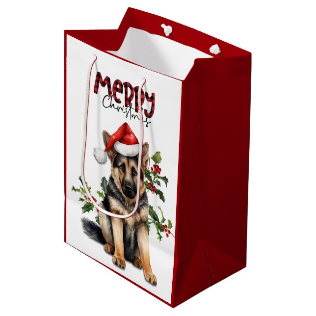 Santa Hat Holly German Shepherd Puppy Christmas Medium Gift Bag (Front Angled)