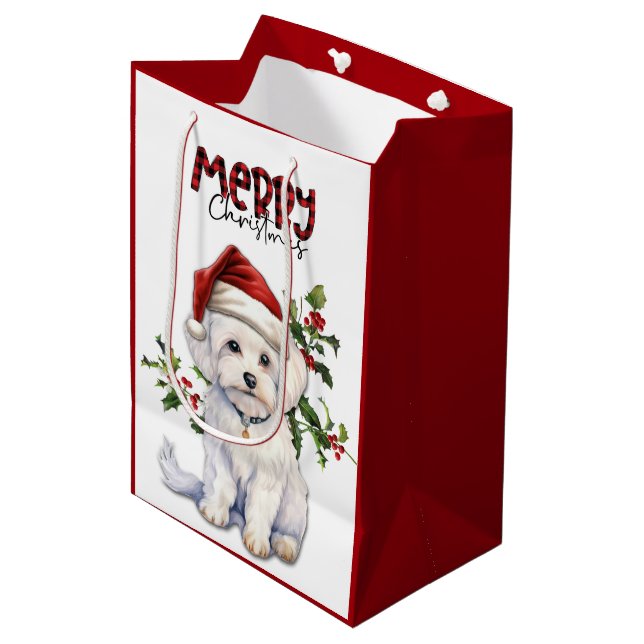 Santa Hat Holly Maltese Dog Christmas Medium Gift Bag (Front Angled)