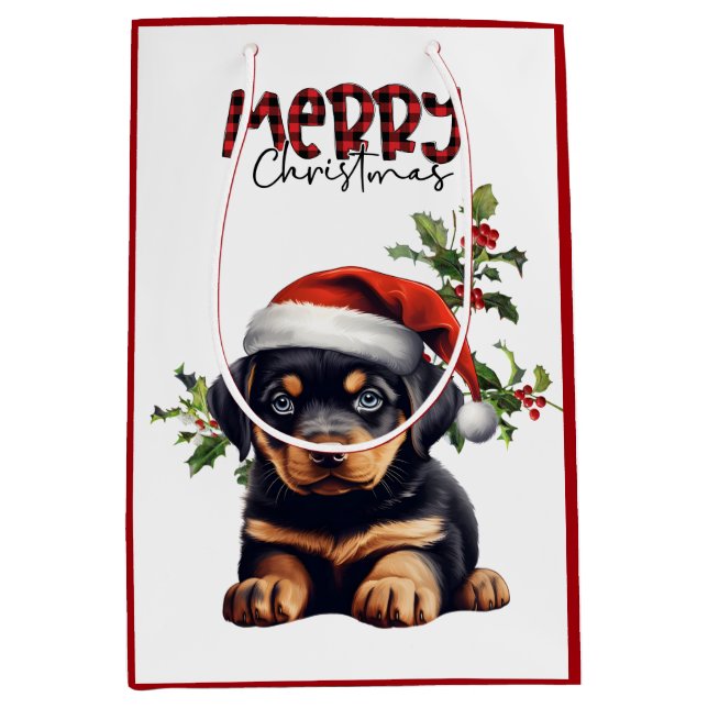 Santa Hat Holly Rottweiler Puppy Christmas Medium Gift Bag (Front)