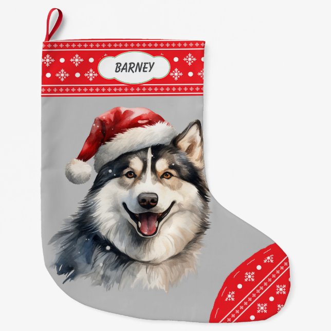Santa Hat Husky Dog Snowflake Border Large Christmas Stocking (Front)