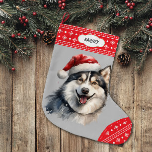 Santa Hat Husky Dog Snowflake Border Large Christmas Stocking