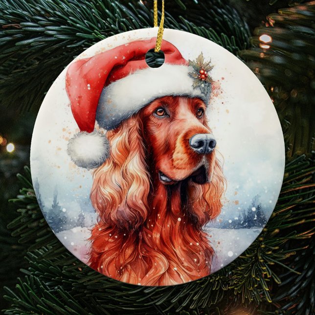 Santa Hat Irish Setter Dog Christmas Ceramic Tree Decoration (Creator Uploaded)
