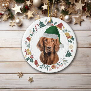Santa Hat Irish Setter Holiday Images Wreath Ceramic Tree Decoration
