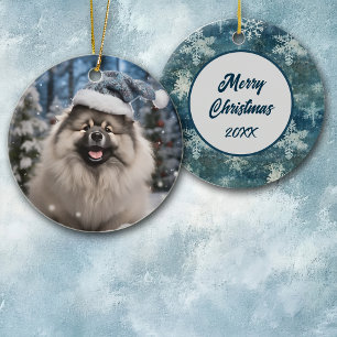 Santa Hat Keeshond Snowflake Christmas Ceramic Tree Decoration