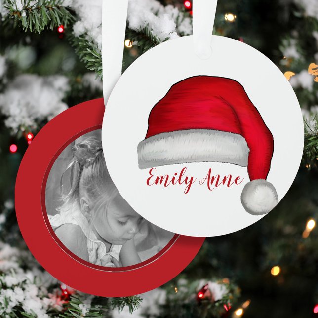 Santa Hat Kids Photo Personalized Christmas Metal Tree Decoration (Personalized Santa hat Christmas ornament with child’s name and custom photo keepsake.)