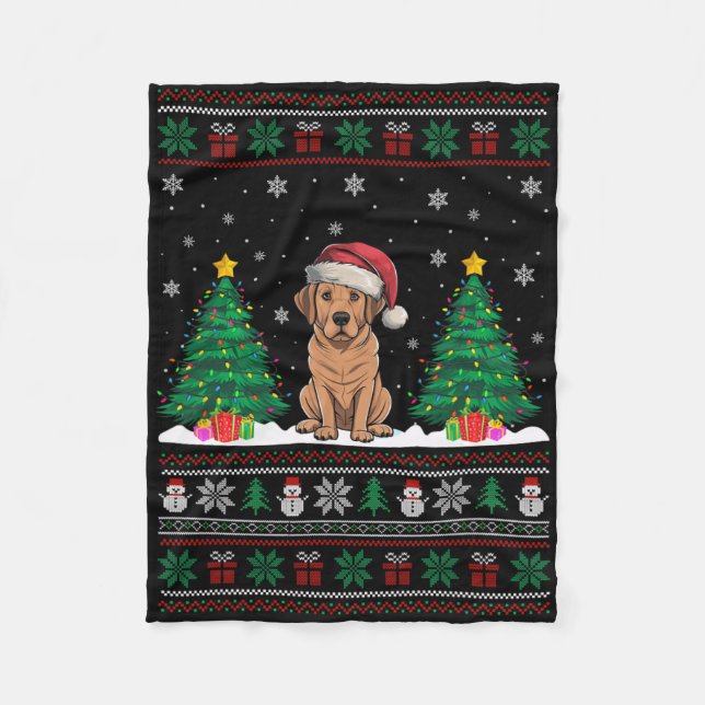 Santa Hat Labrador Dog Christmas Tree Lights Ugly  Fleece Blanket (Front)