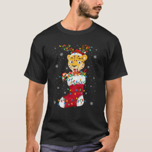 Santa Hat Leopard Animal In Socks Xmas Tree Lights T-Shirt