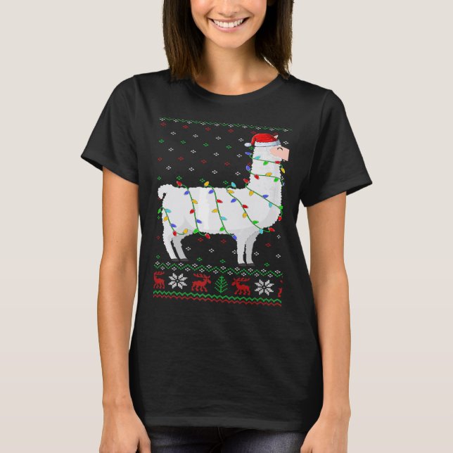 Santa Hat Llama Xmas Lights Ugly Llama Christmas T-Shirt (Front)