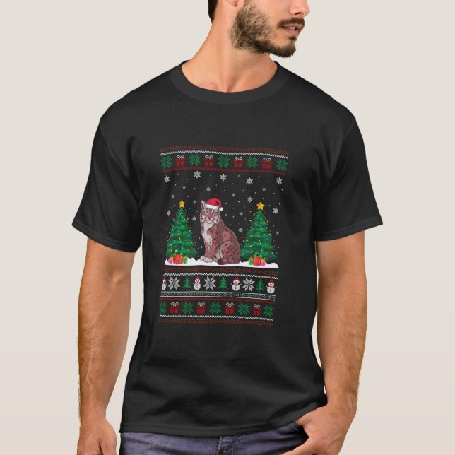 Santa Hat Lynxes Christmas Tree Lights Ugly Sweate T-Shirt (Front)