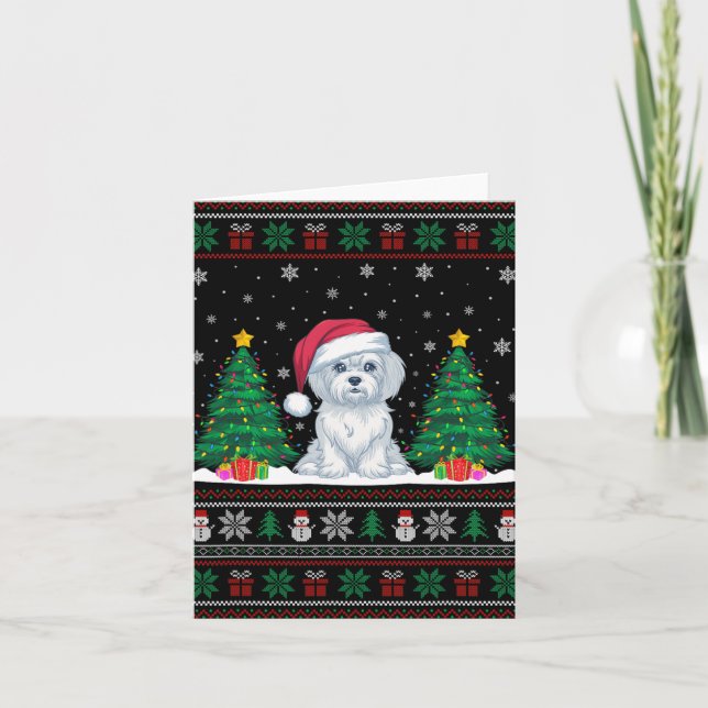 Santa Hat Maltese Dog Christmas Tree Lights Ugly S Card (Front)