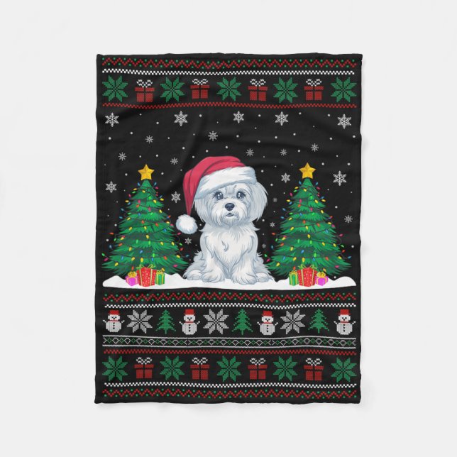 Santa Hat Maltese Dog Christmas Tree Lights Ugly S Fleece Blanket (Front)