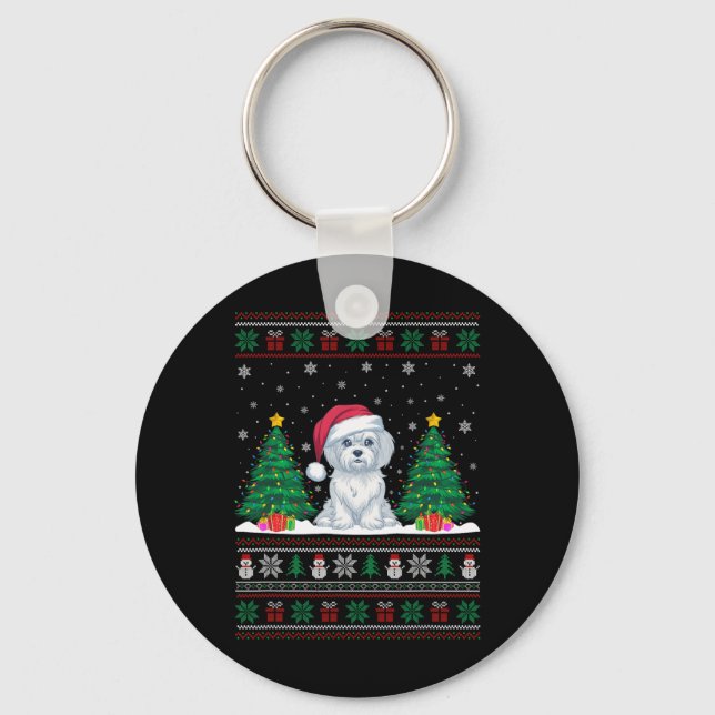 Santa Hat Maltese Dog Christmas Tree Lights Ugly S Key Ring (Front)