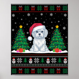 Santa Hat Maltese Dog Christmas Tree Lights Ugly S Poster