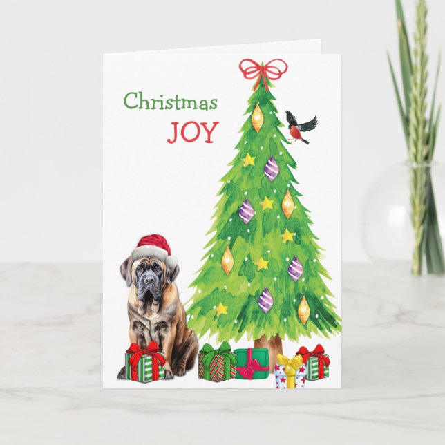 Santa Hat Mastiff, Bird and Christmas Tree Holiday Card (Front)