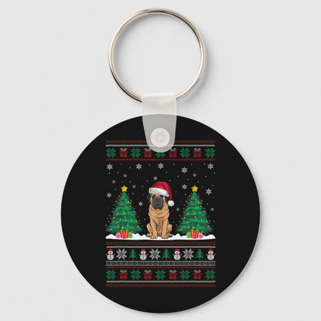 Santa Hat Mastiff Dog Christmas Tree Lights Ugly S Key Ring (Front)