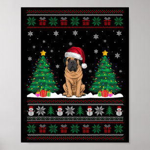 Santa Hat Mastiff Dog Christmas Tree Lights Ugly S Poster