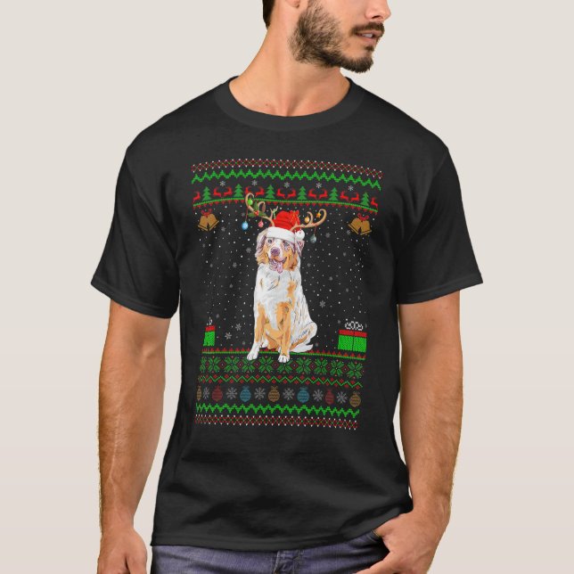 Santa Hat Matching Ugly Australian Shepherd Christ T-Shirt (Front)