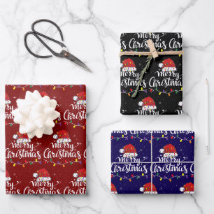 Santa Hat Merry Christmas Lights Xmas Family Red Wrapping Paper Sheet