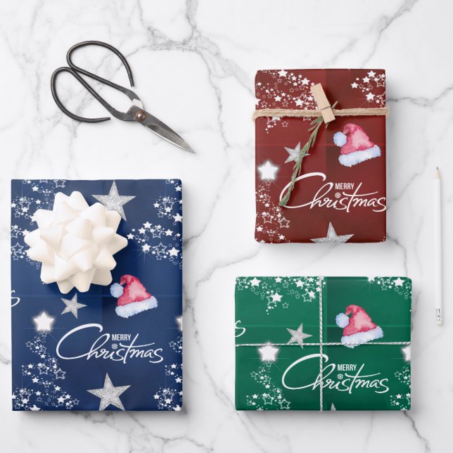 Santa Hat Merry Christmas Tree Pattern  Wrapping Paper Sheet (Front)