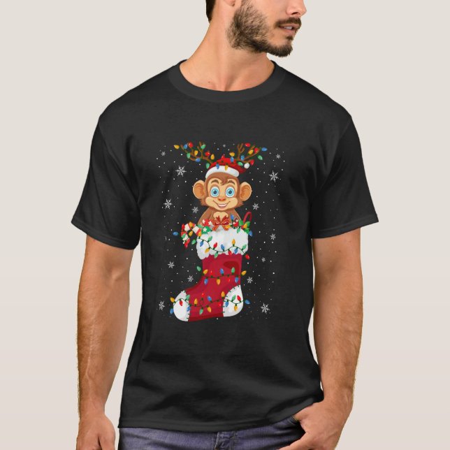 Santa Hat Monkey Animal In Socks Xmas Tree Lights  T-Shirt (Front)