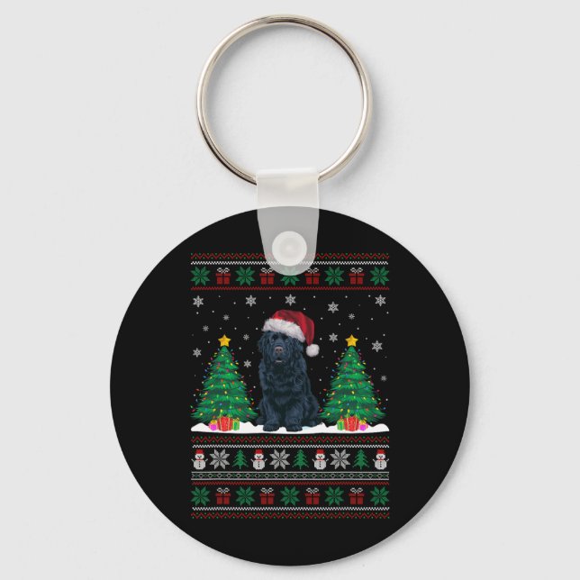 Santa Hat Newfoundland Dog Xmas Tree Lights Ugly S Key Ring (Front)