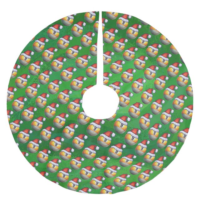 Santa Hat Nine Ball Pattern on Green Brushed Polyester Tree Skirt (Front)